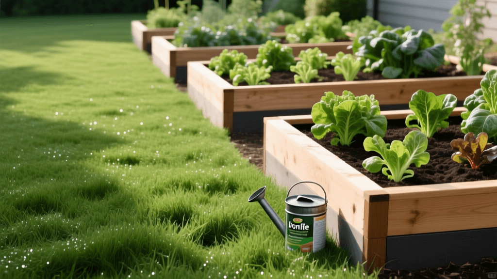 Ironite Lawn Supplement 2026: Deep Green Grass Near Raised Beds