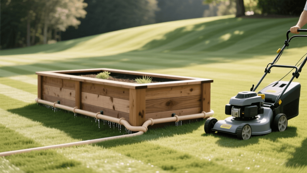 Mowing Patterns Around Cedar Planter Boxes & Drip Lines 2026
