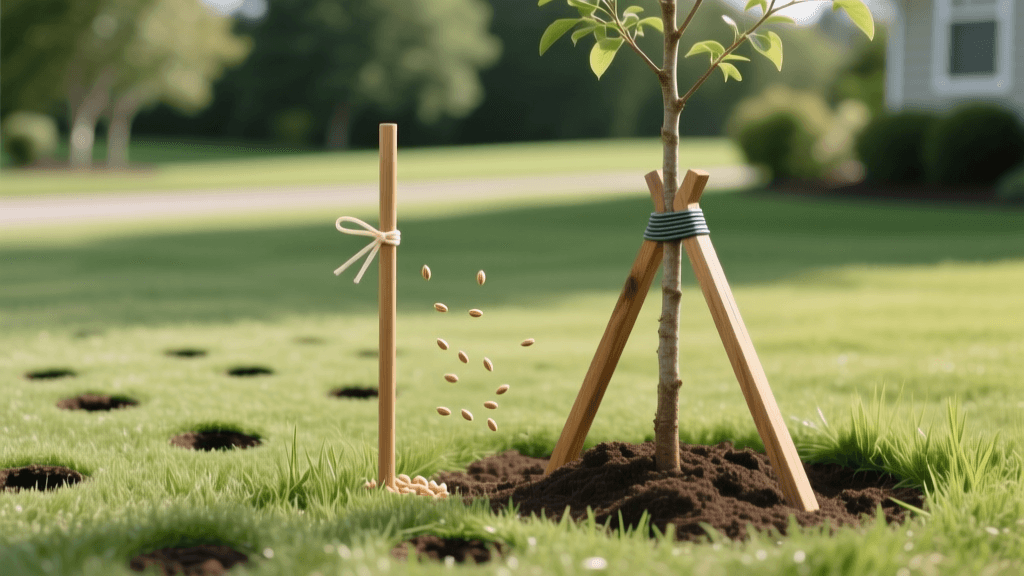 Tree Staking 2026: Single vs Double Stakes & Lawn Seeding Guide