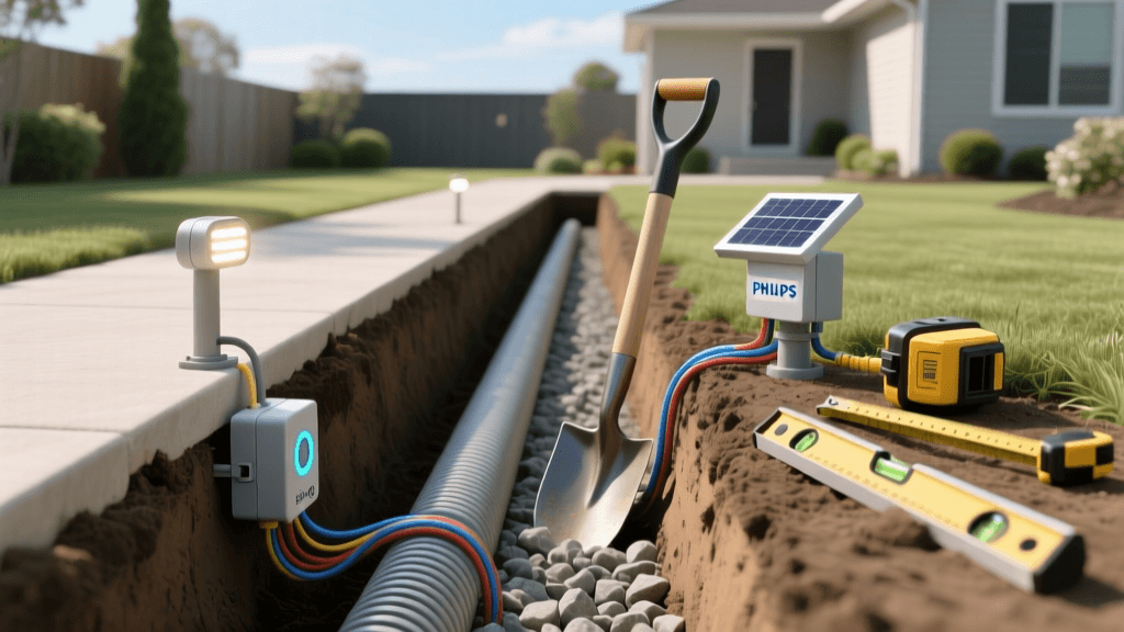 Ring vs Hue Pathway Lights 2026: French Drain Trenching Guide