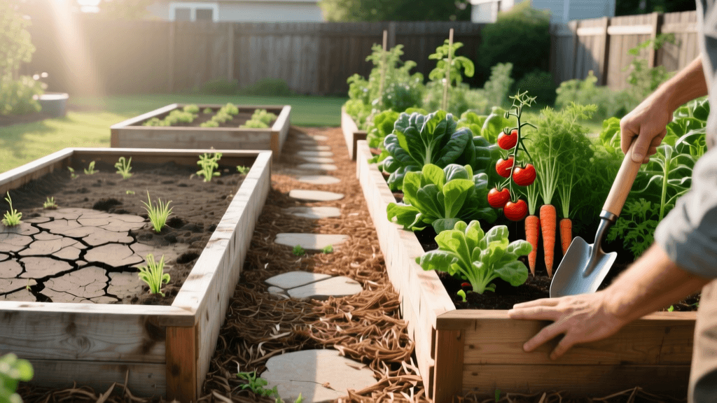 Backyard Garden Transformation: Dead Grass to Raised Beds