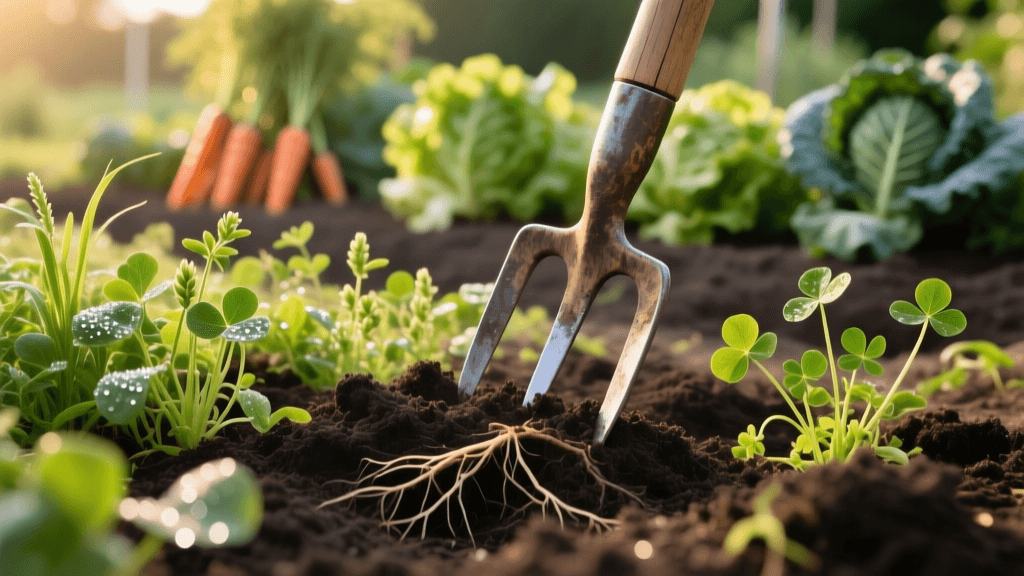 Broadfork Aeration and Cover Crop Overseeding for Garden Beds