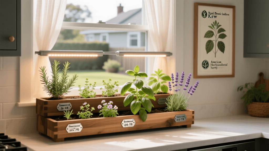 Kitchen Window Herb Garden Setup With Led Lighting