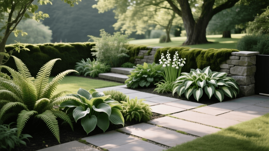 Shaded Yard Landscaping With Fern And Hosta Combos