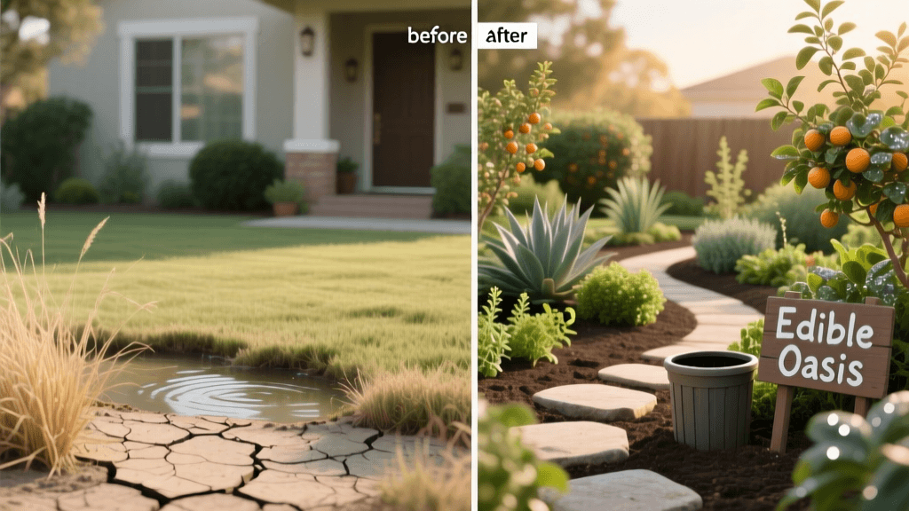 Before and After: Lawn to Drought-Tolerant Edible Oasis