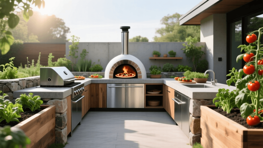2026 Outdoor Kitchen & Pizza Oven Raised Bed Garden Design