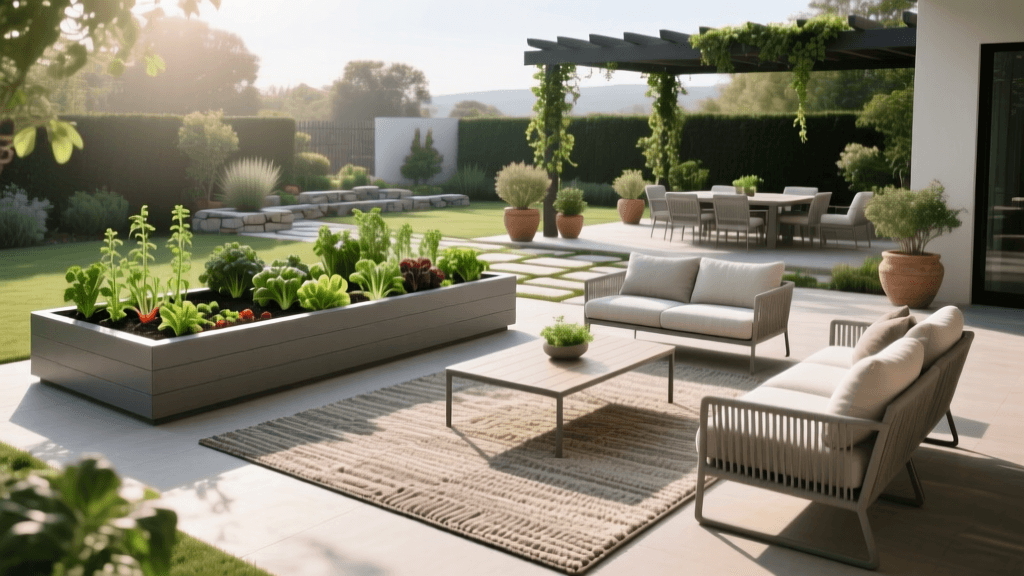 2026 Patio Makeover: Staging Rugs & Furniture Near Raised Beds