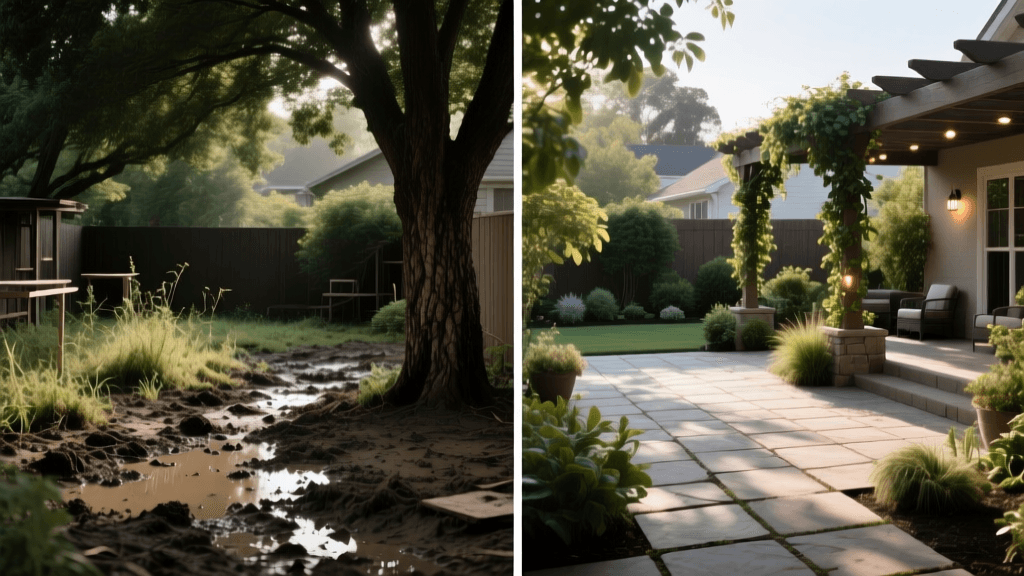 Before and After: Muddy Yard to Shaded Patio Oasis